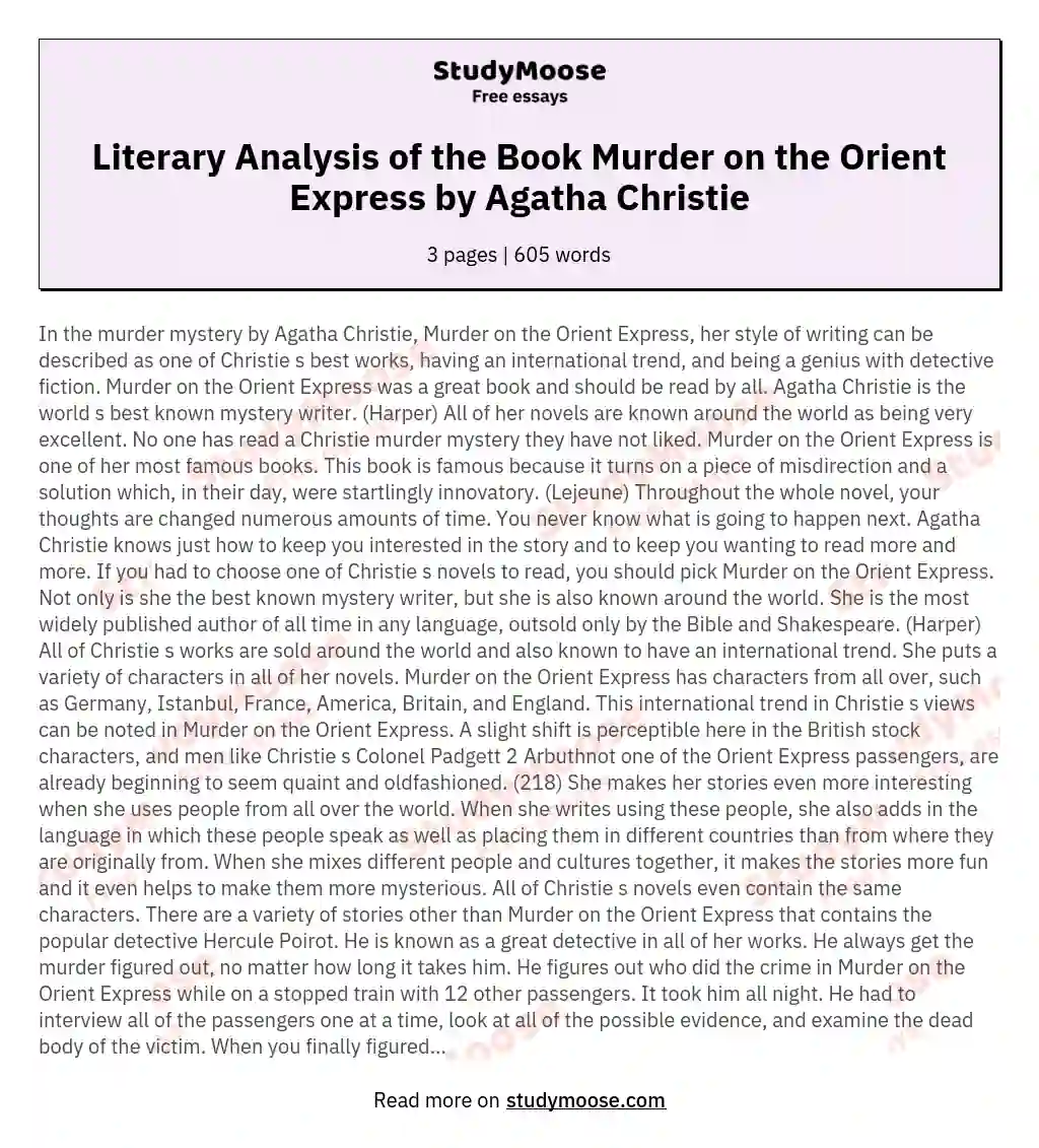 Literary Analysis of the Book Murder on the Orient Express by Agatha Christie essay