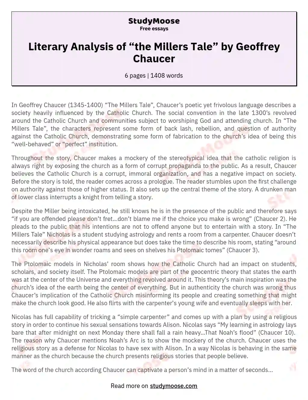 Literary Analysis of “the Millers Tale” by Geoffrey Chaucer