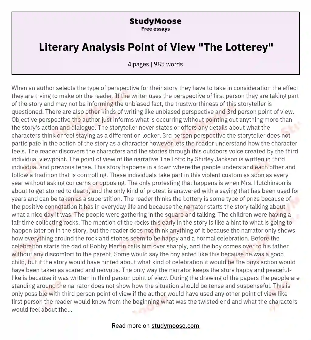 Literary Analysis Point of View "The Lotterey" essay
