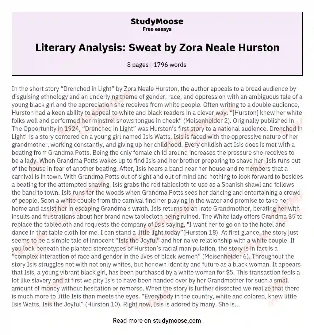 Literary Analysis: Sweat by Zora Neale Hurston essay