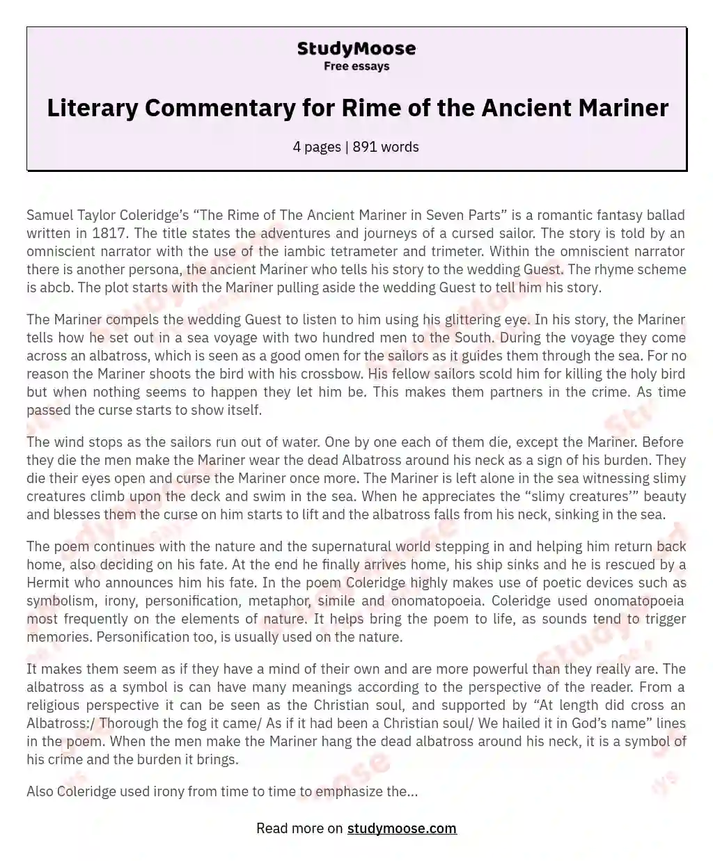 Literary Commentary for Rime of the Ancient Mariner