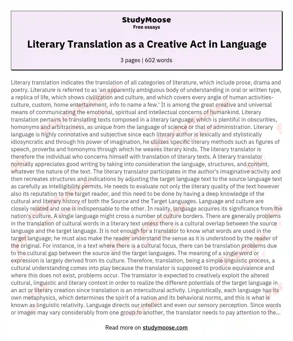 Literary Translation as a Creative Act in Language essay