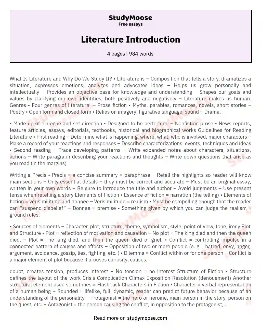 Literature Introduction essay