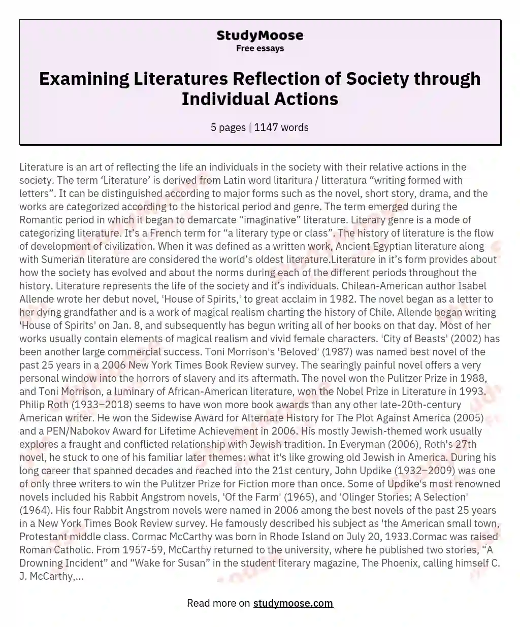 Examining Literatures Reflection of Society through Individual Actions essay