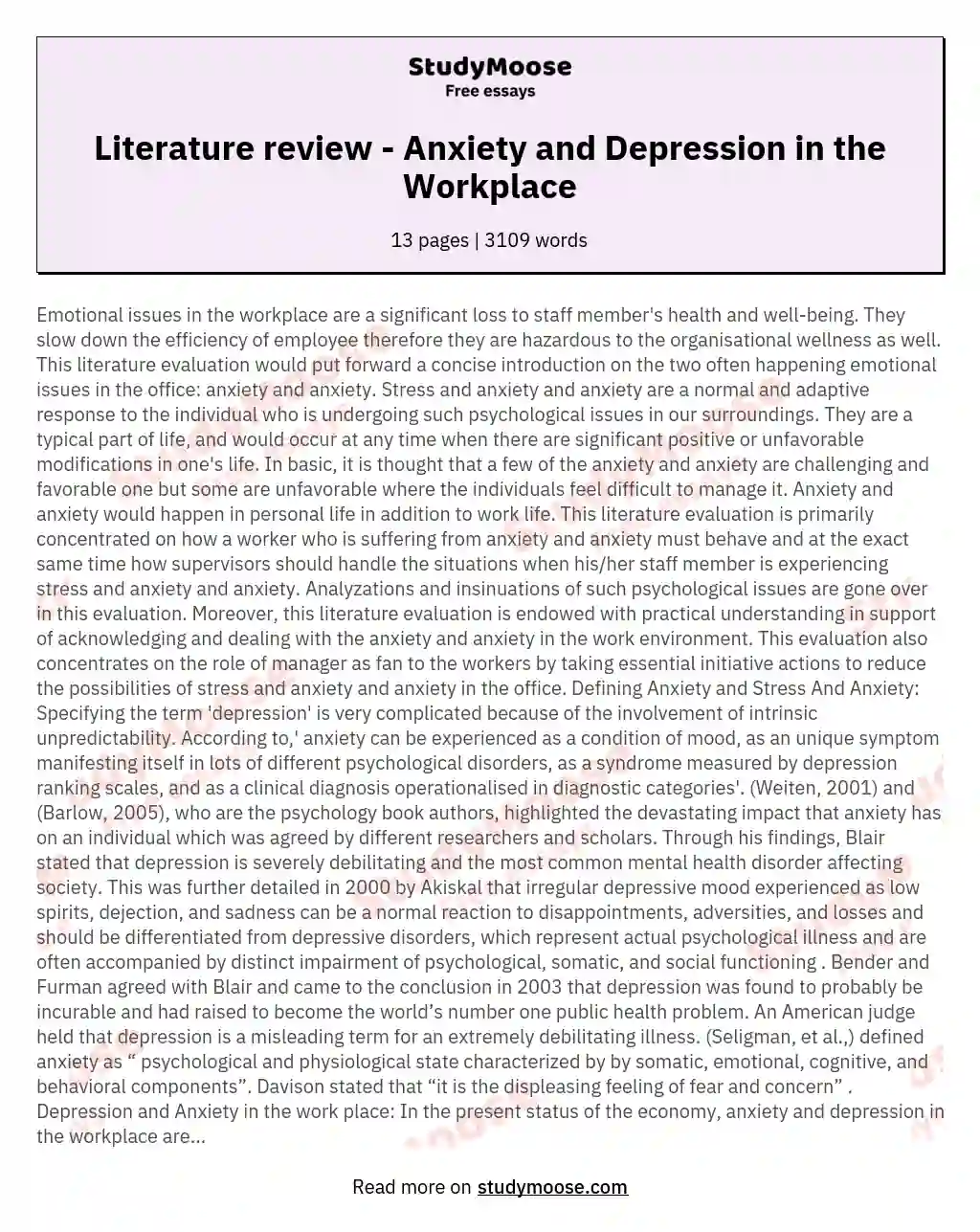 Literature review - Anxiety and Depression in the Workplace