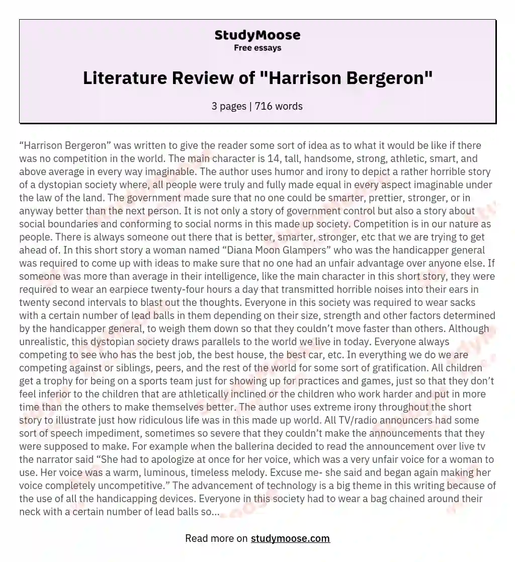 Literature Review of "Harrison Bergeron" essay