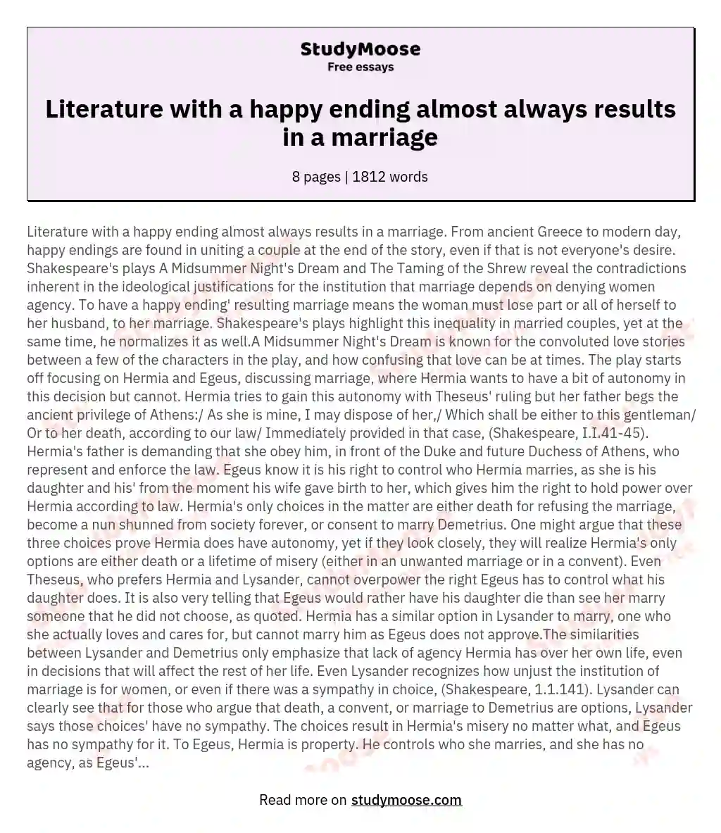 Literature with a happy ending almost always results in a marriage essay