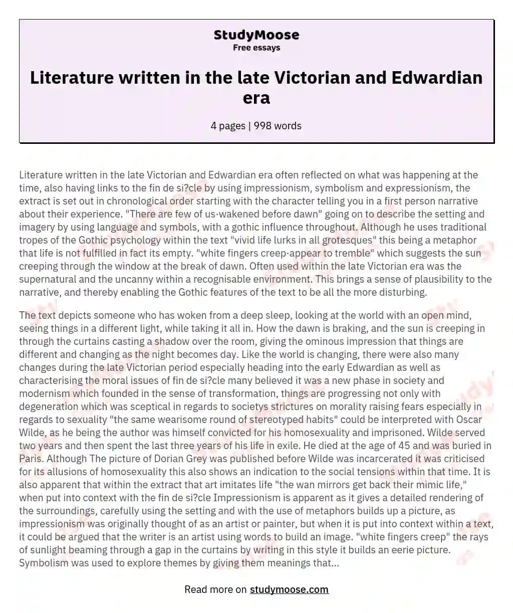 Literature written in the late Victorian and Edwardian era essay