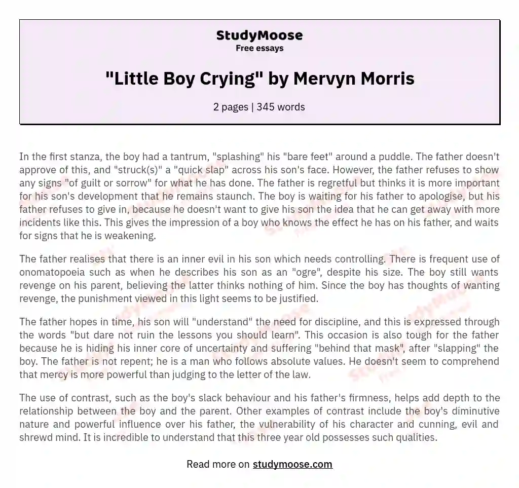 "Little Boy Crying" by Mervyn Morris essay