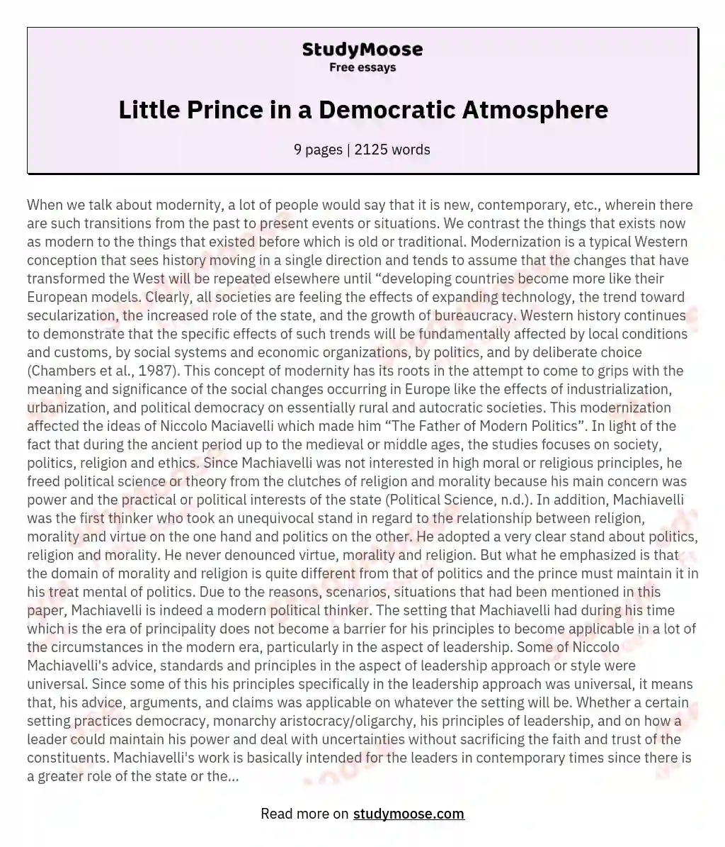 Little Prince in a Democratic Atmosphere essay