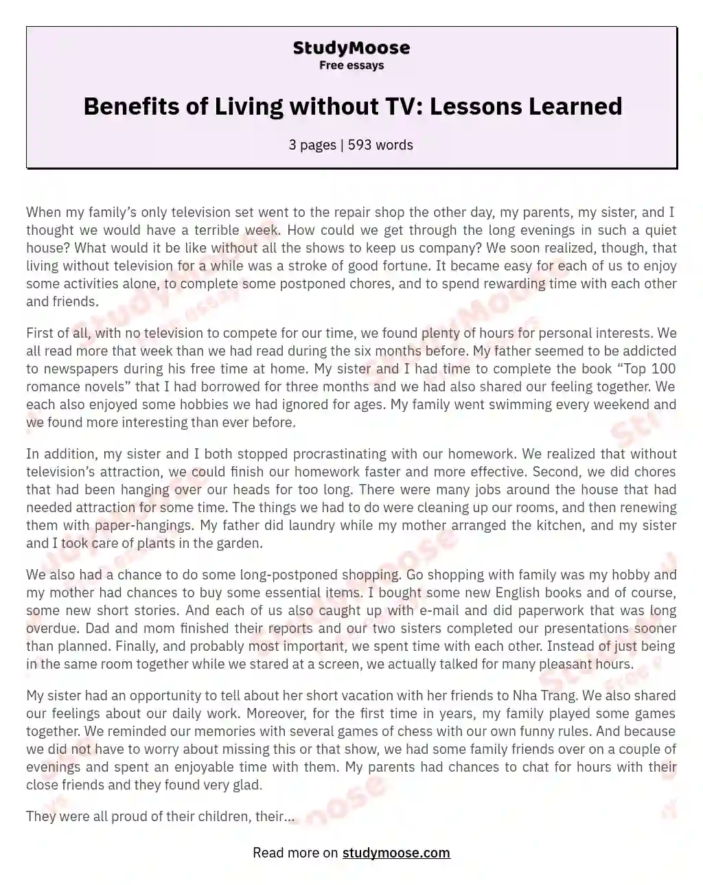 Benefits of Living without TV: Lessons Learned essay