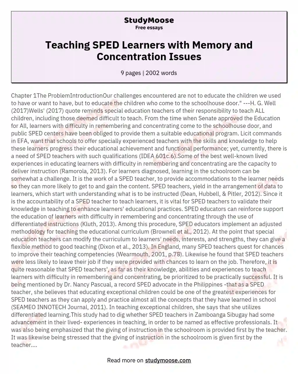 LIVED EXPERIENCES OF SPED TEACHERS TEACHING LEARNERS WITH DIFFICULTY IN REMEMBERING AND CONCENTRATING