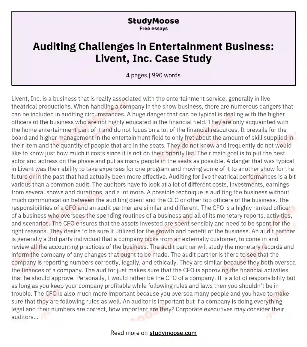 Auditing Challenges in Entertainment Business: Livent, Inc. Case Study essay