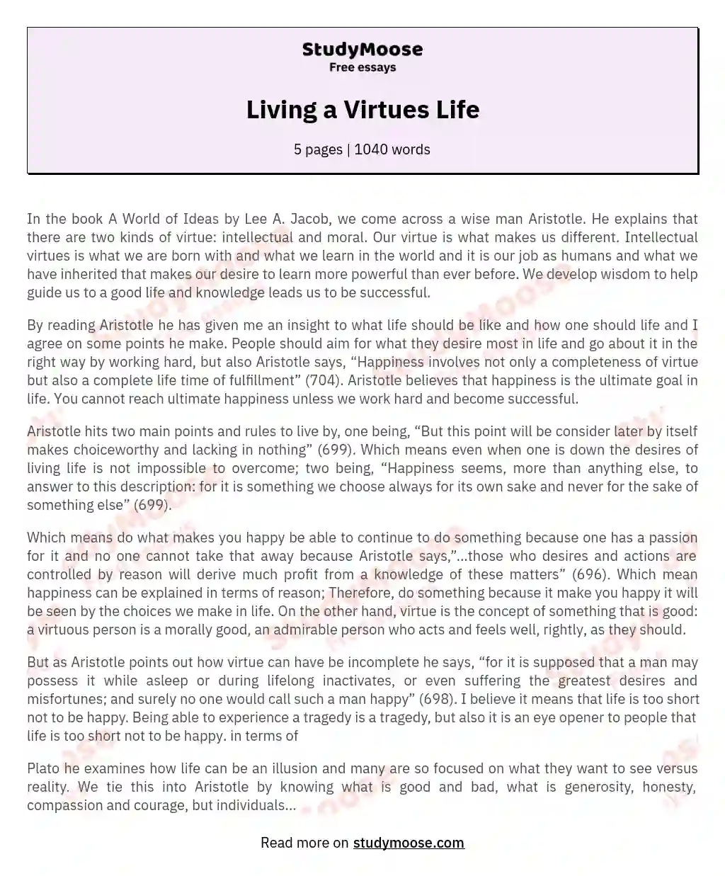 Living a Virtues Life essay