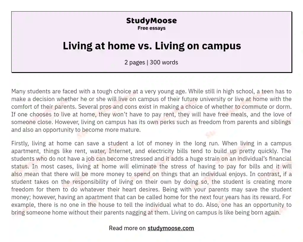 Living at home vs. Living on campus essay