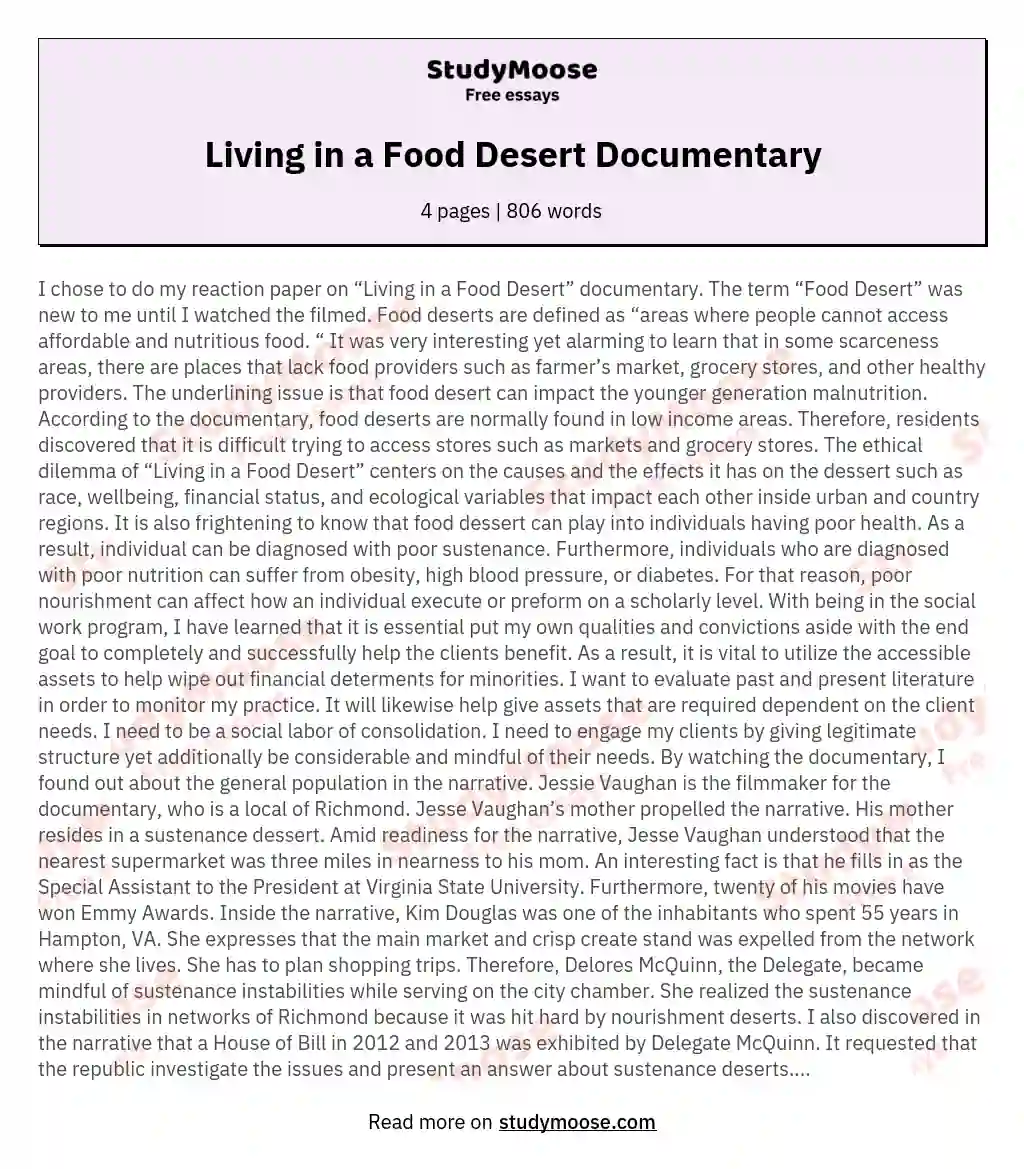 Living in a Food Desert Documentary essay