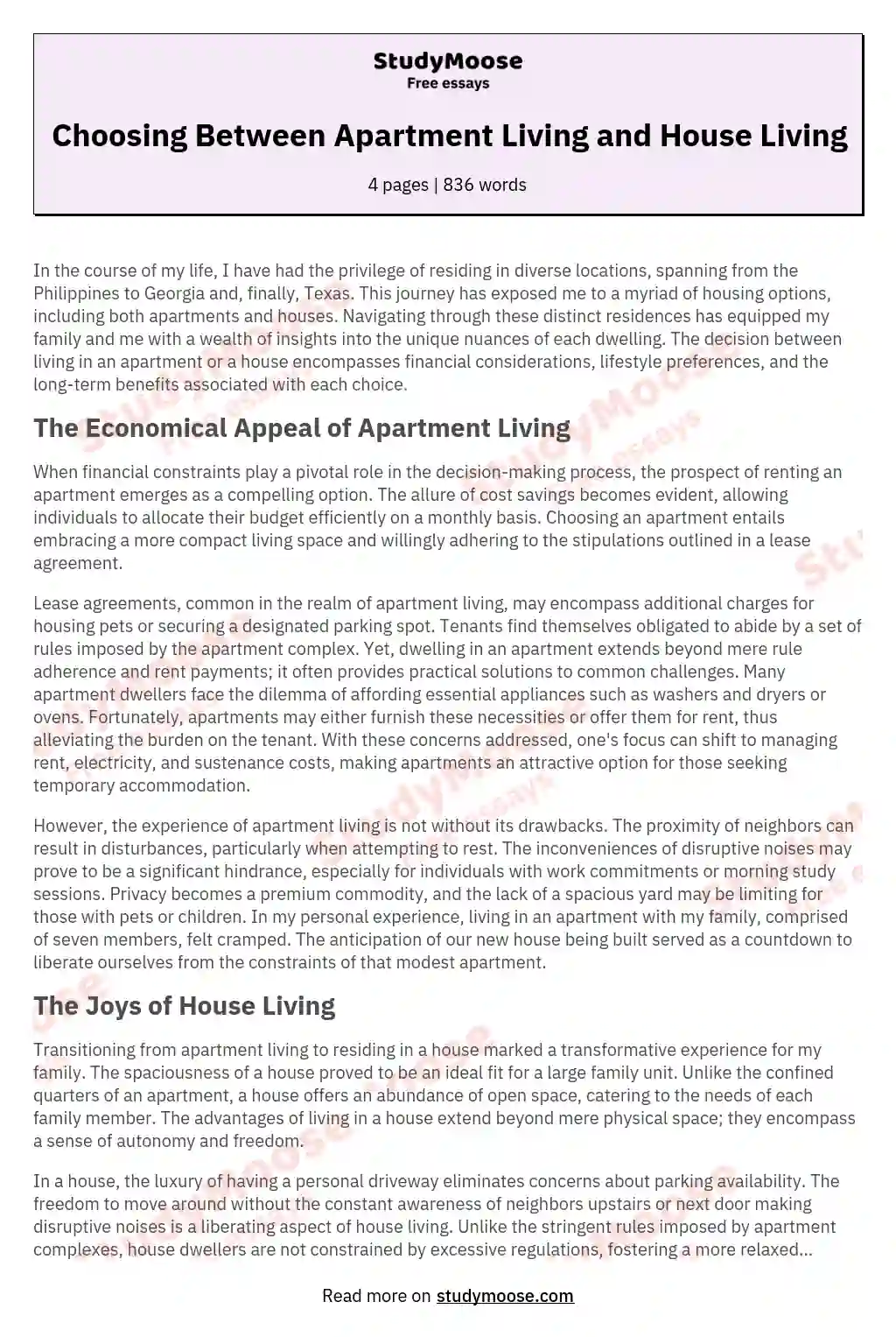 Choosing Between Apartment Living and House Living essay