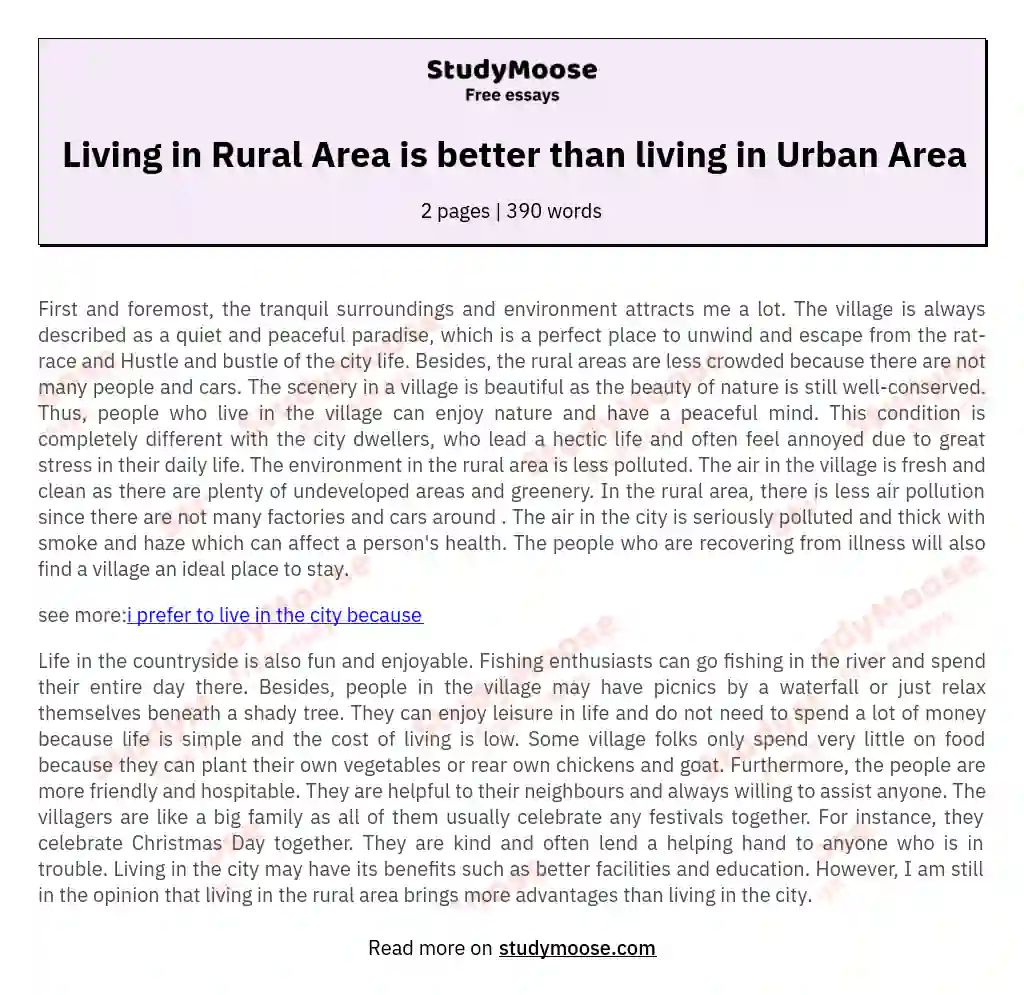 Living in Rural Area is better than living in Urban Area essay