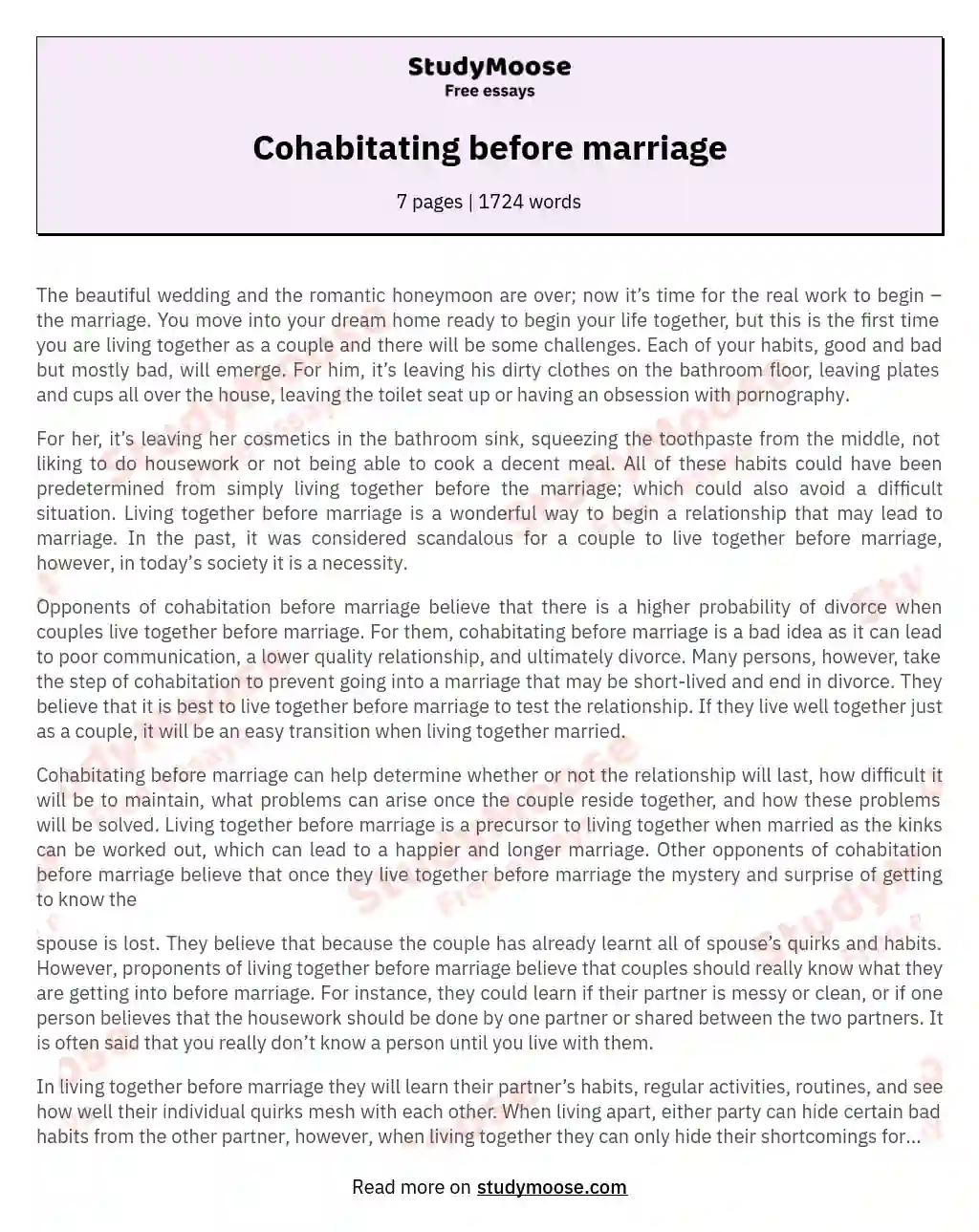 Cohabitating before marriage essay
