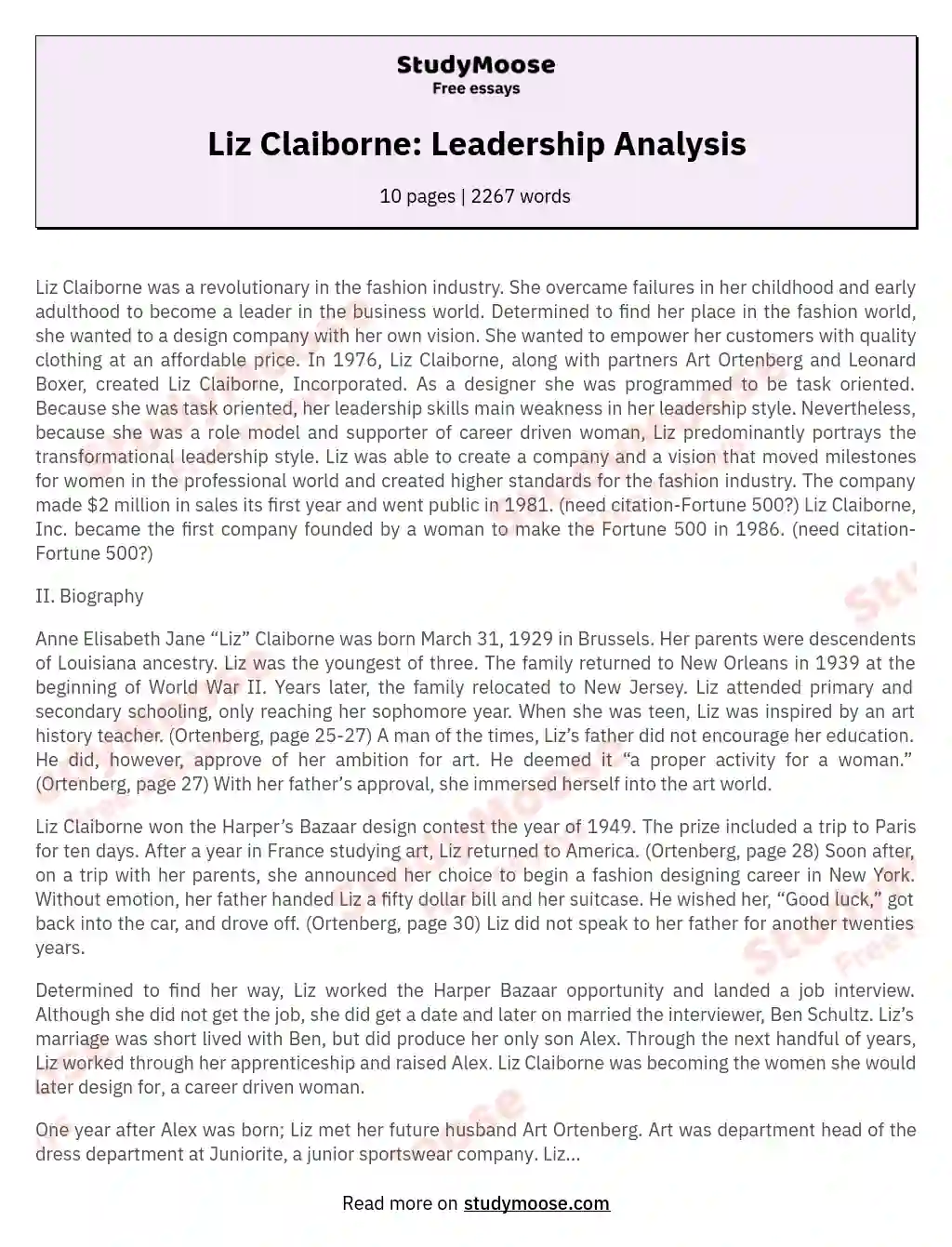 Liz Claiborne: Leadership Analysis essay