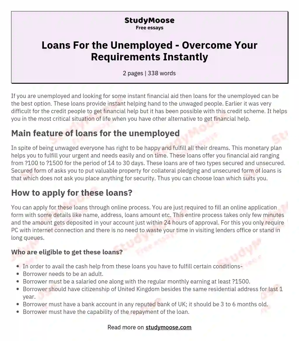 Loans For the Unemployed - Overcome Your Requirements Instantly