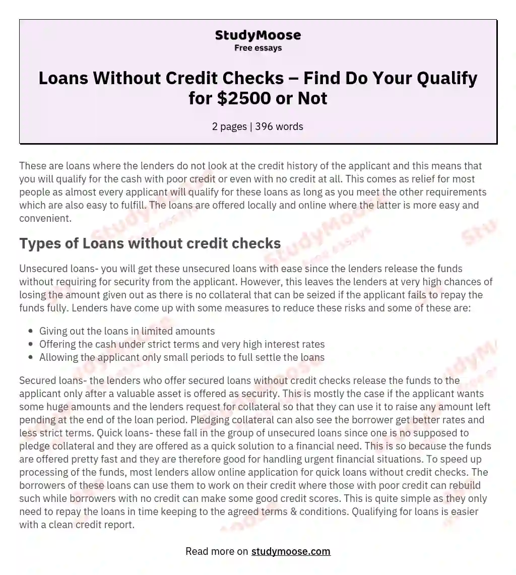 Loans Without Credit Checks – Find Do Your Qualify for $2500 or Not essay