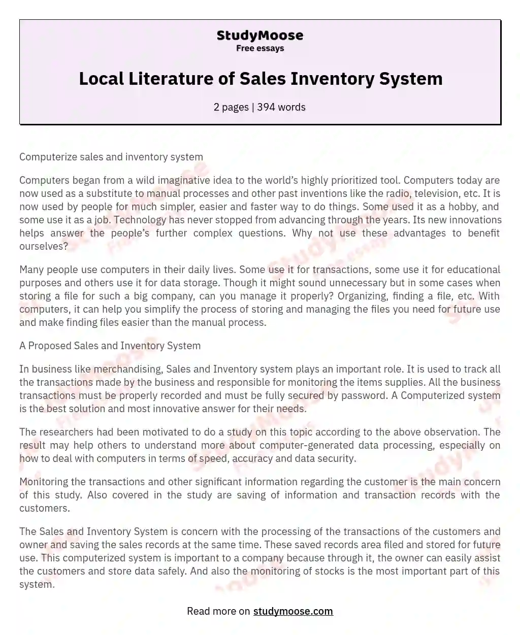 Local Literature of Sales Inventory System essay