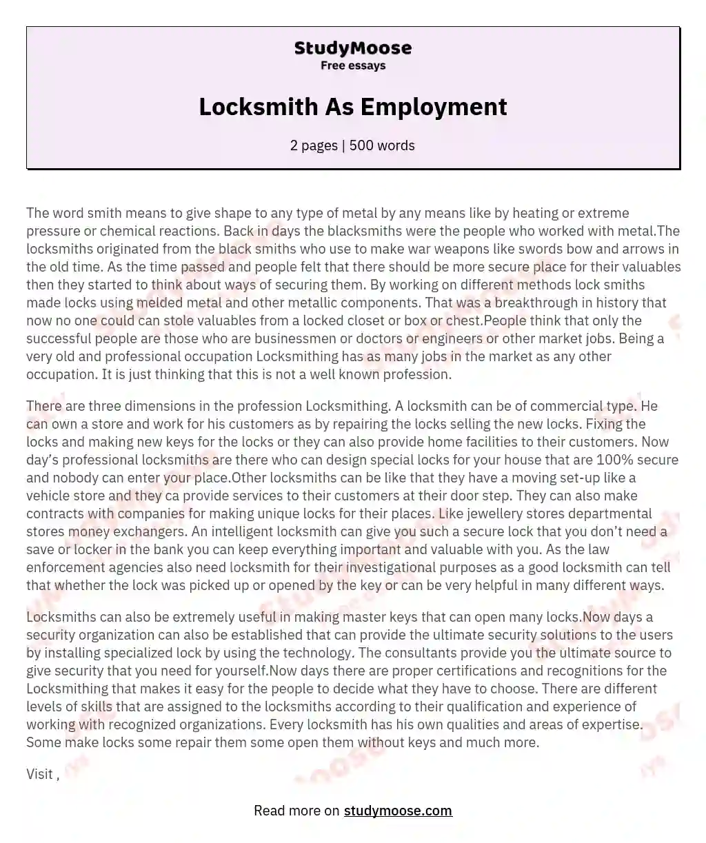 Locksmith As Employment essay