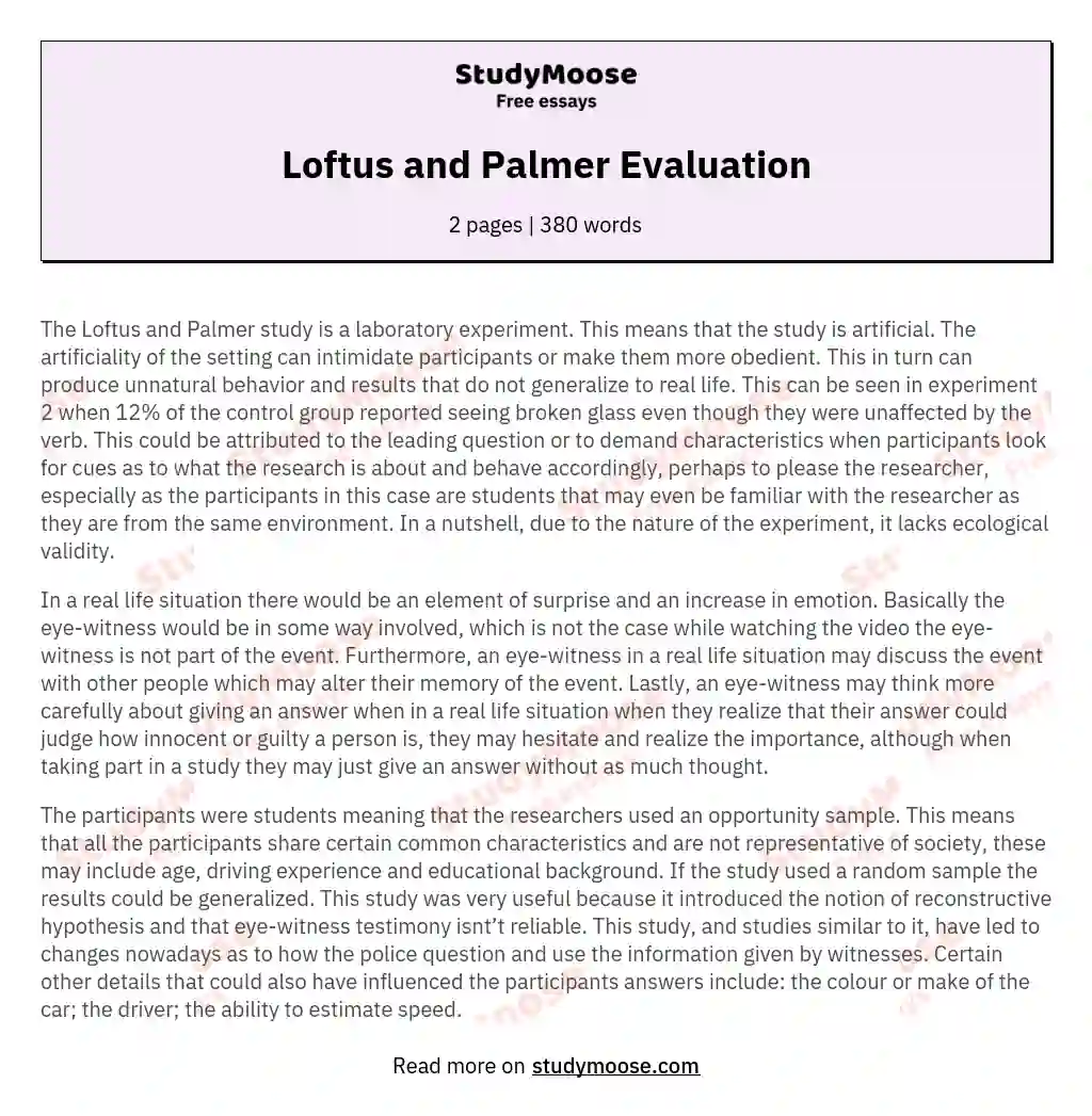 Loftus and Palmer Evaluation essay