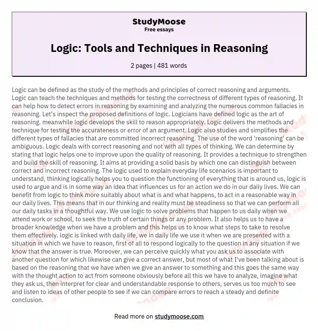 Logic: Tools and Techniques in Reasoning essay