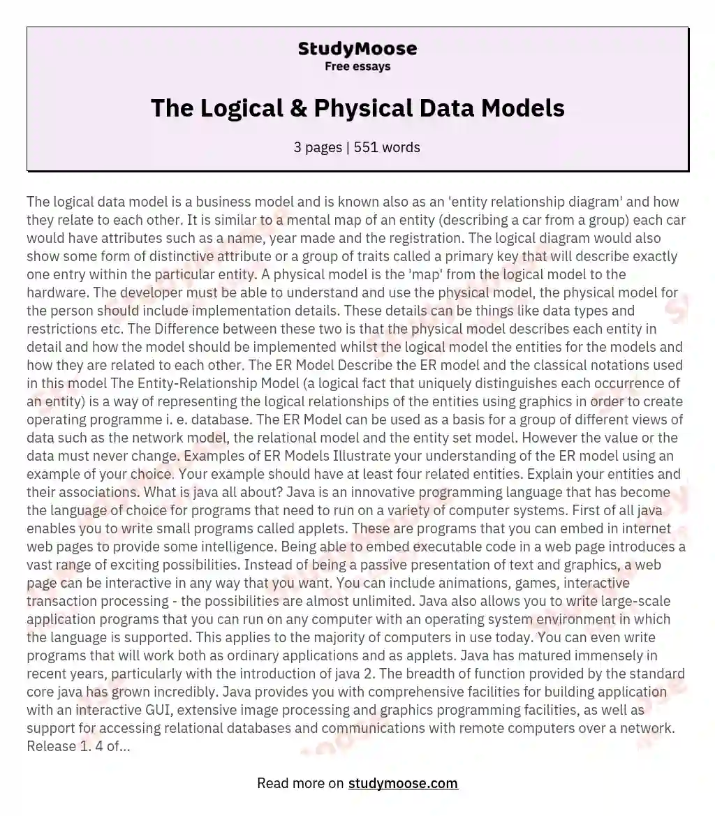 The Logical &amp; Physical Data Models essay