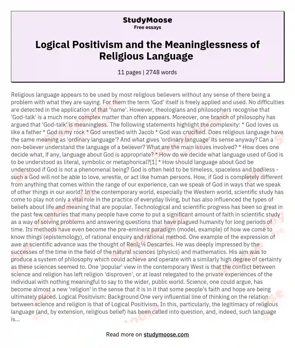 Logical Positivism and the Meaninglessness of Religious Language  essay