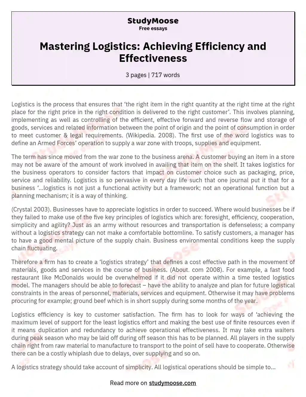 Mastering Logistics: Achieving Efficiency and Effectiveness essay