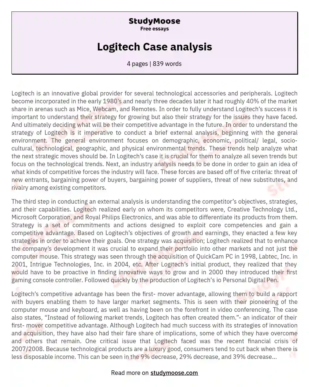 Logitech Case analysis essay