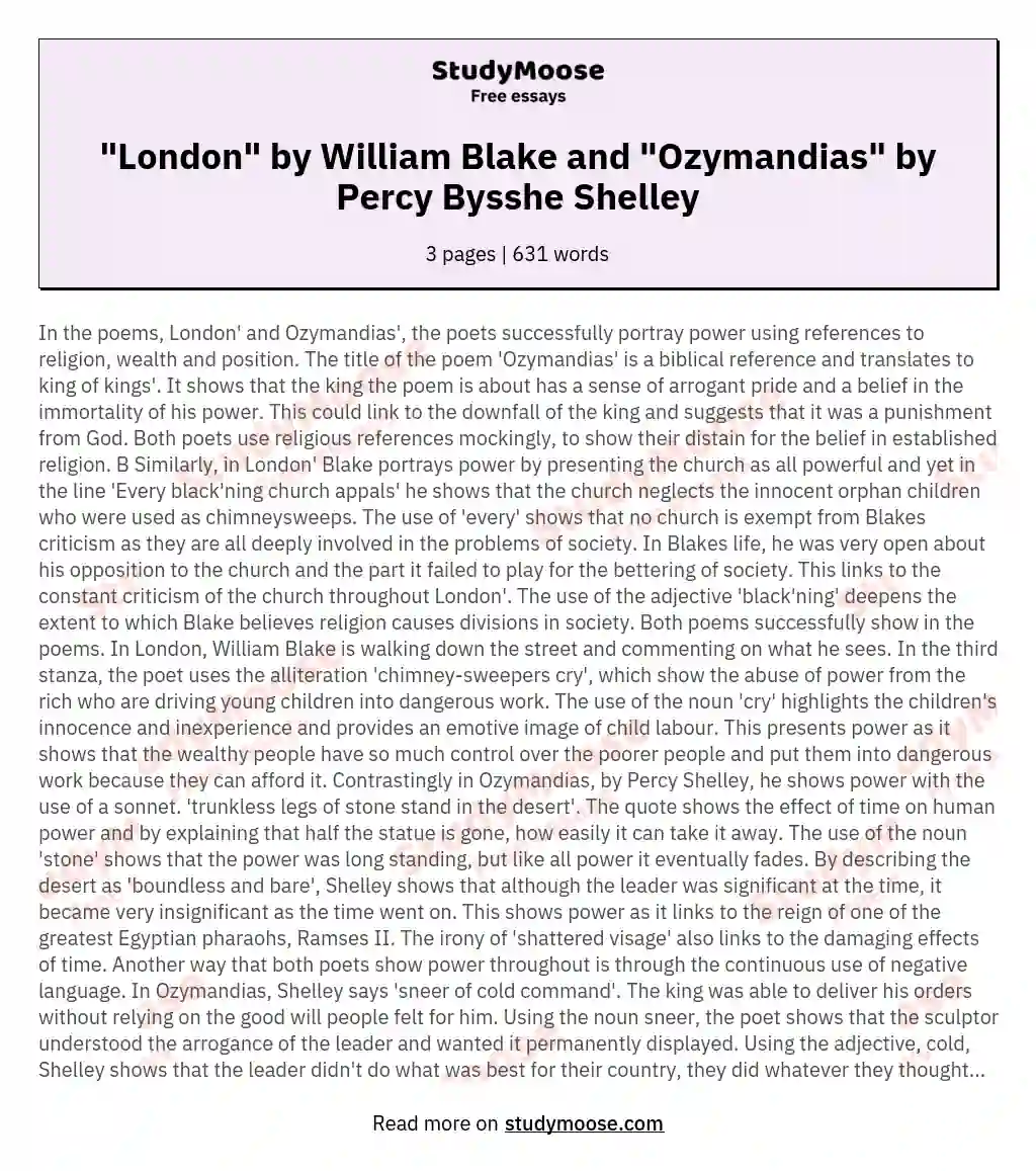 "London" by William Blake and "Ozymandias" by Percy Bysshe Shelley