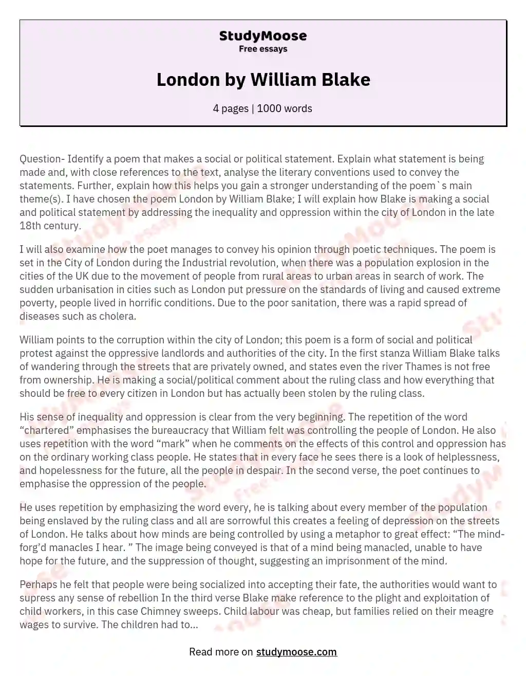 London by William Blake essay