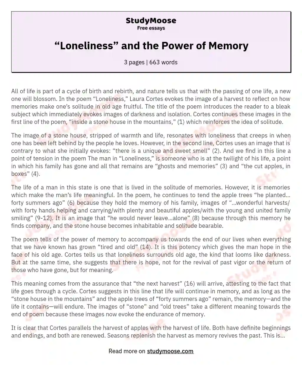 “Loneliness” and the Power of Memory