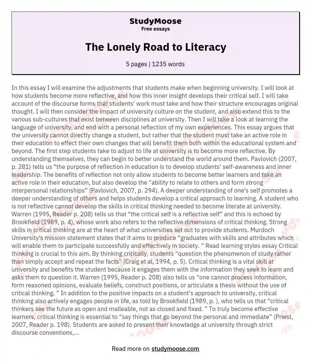 The Lonely Road to Literacy essay