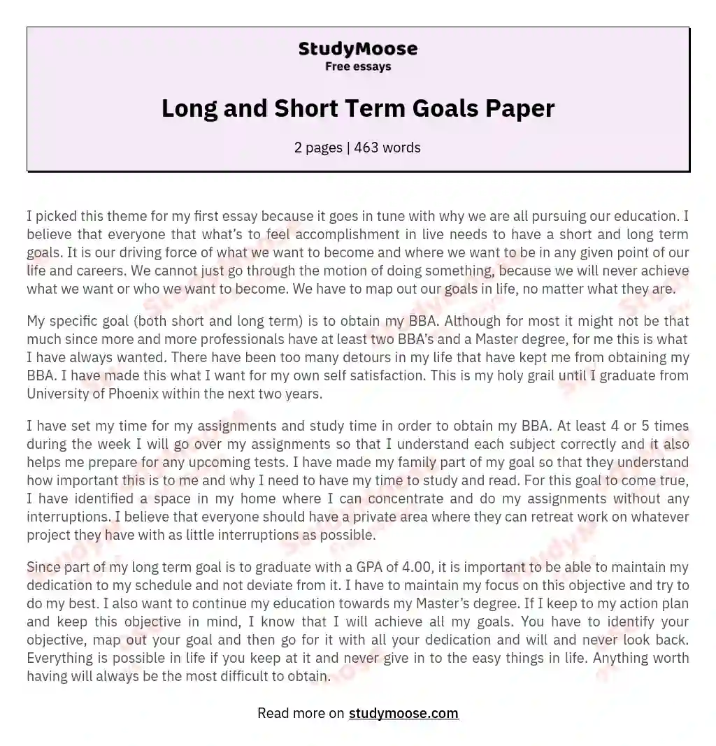 Long and Short Term Goals Paper essay