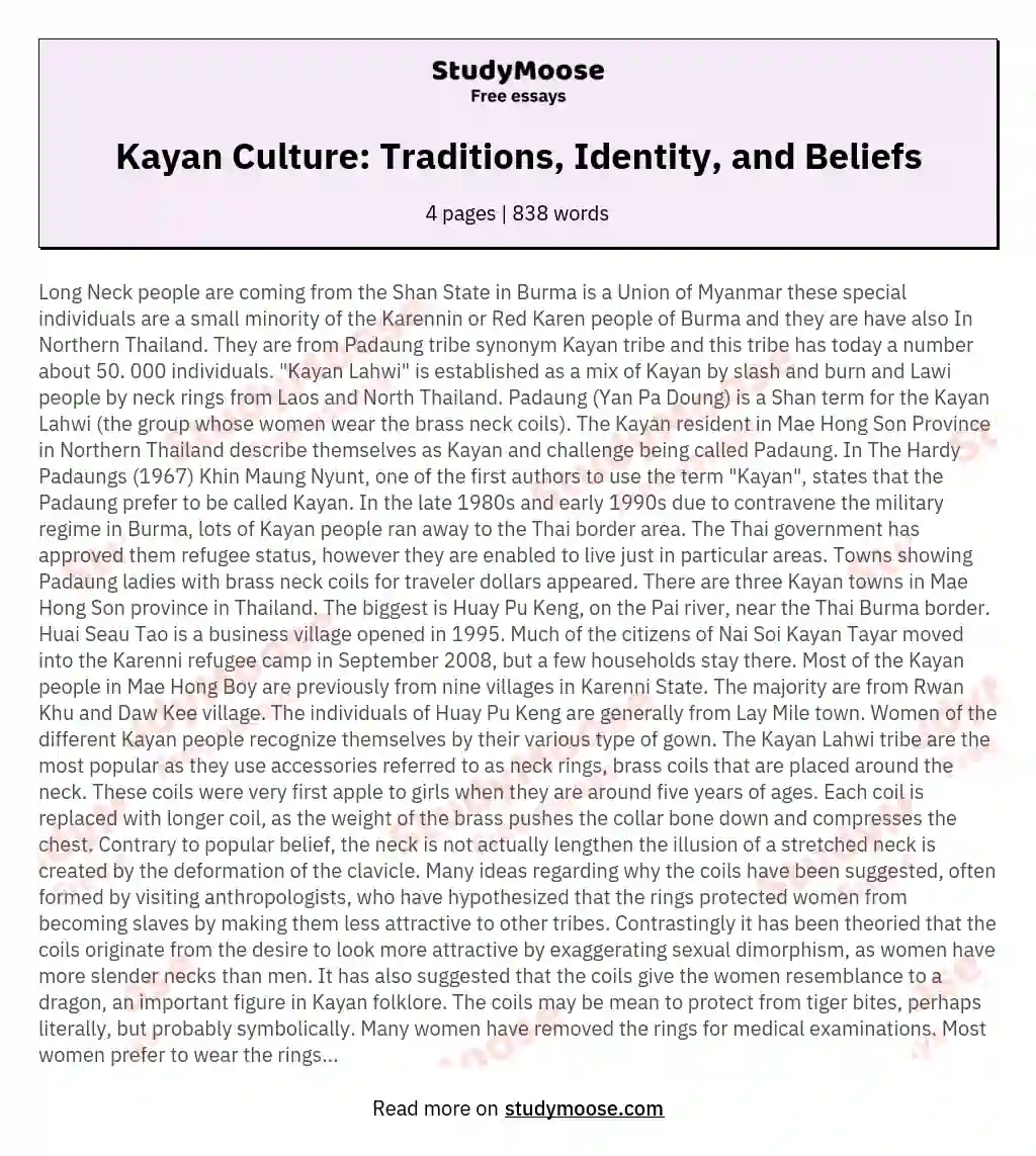 Kayan Culture: Traditions, Identity, and Beliefs essay