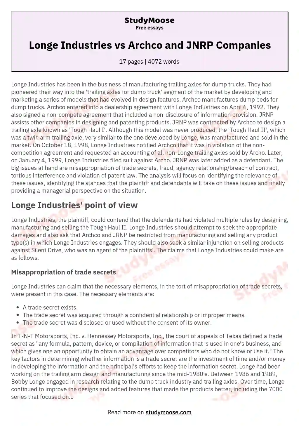 Longe Industries vs Archco and JNRP Companies essay