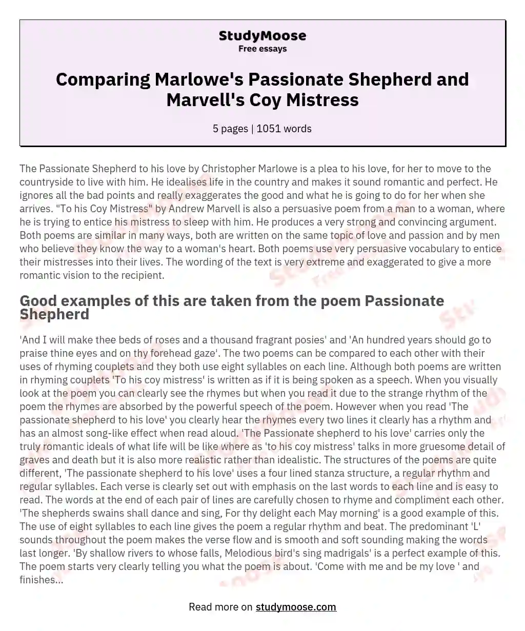 Comparing Marlowe's Passionate Shepherd and Marvell's Coy Mistress essay