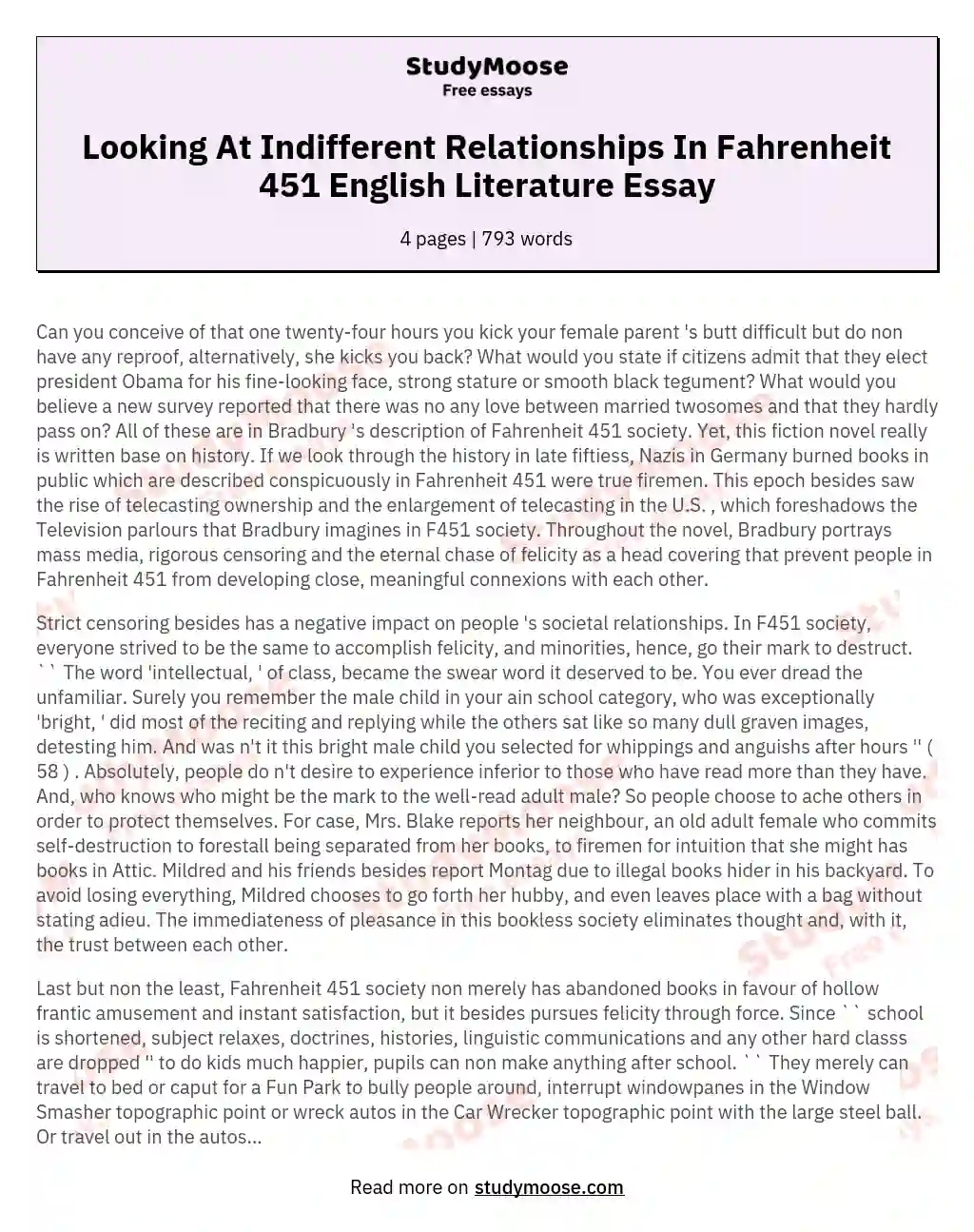 Looking At Indifferent Relationships In Fahrenheit 451 English Literature Essay essay