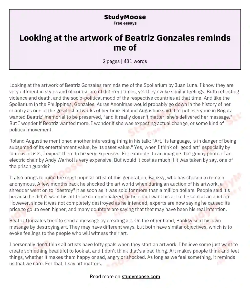 Looking at the artwork of Beatriz Gonzales reminds me of essay