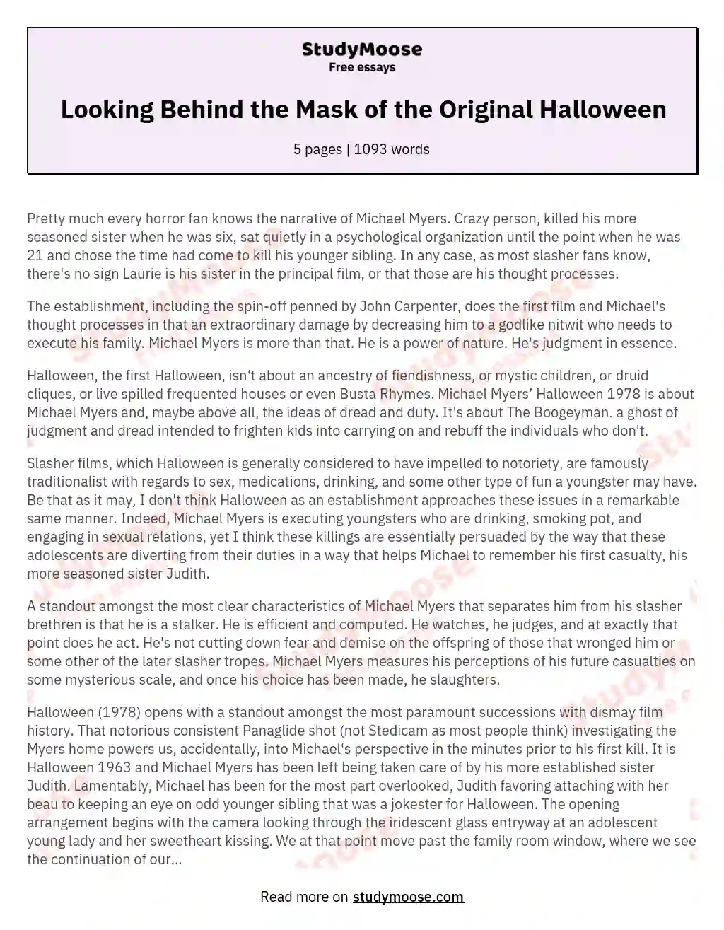Looking Behind the Mask of the Original Halloween essay