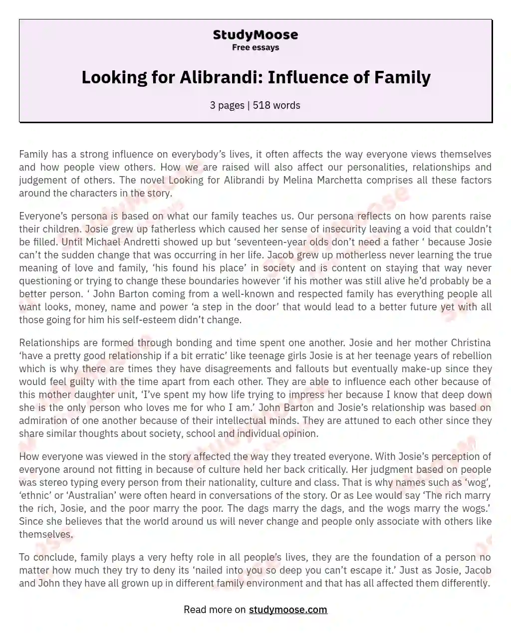 Looking for Alibrandi: Influence of Family essay