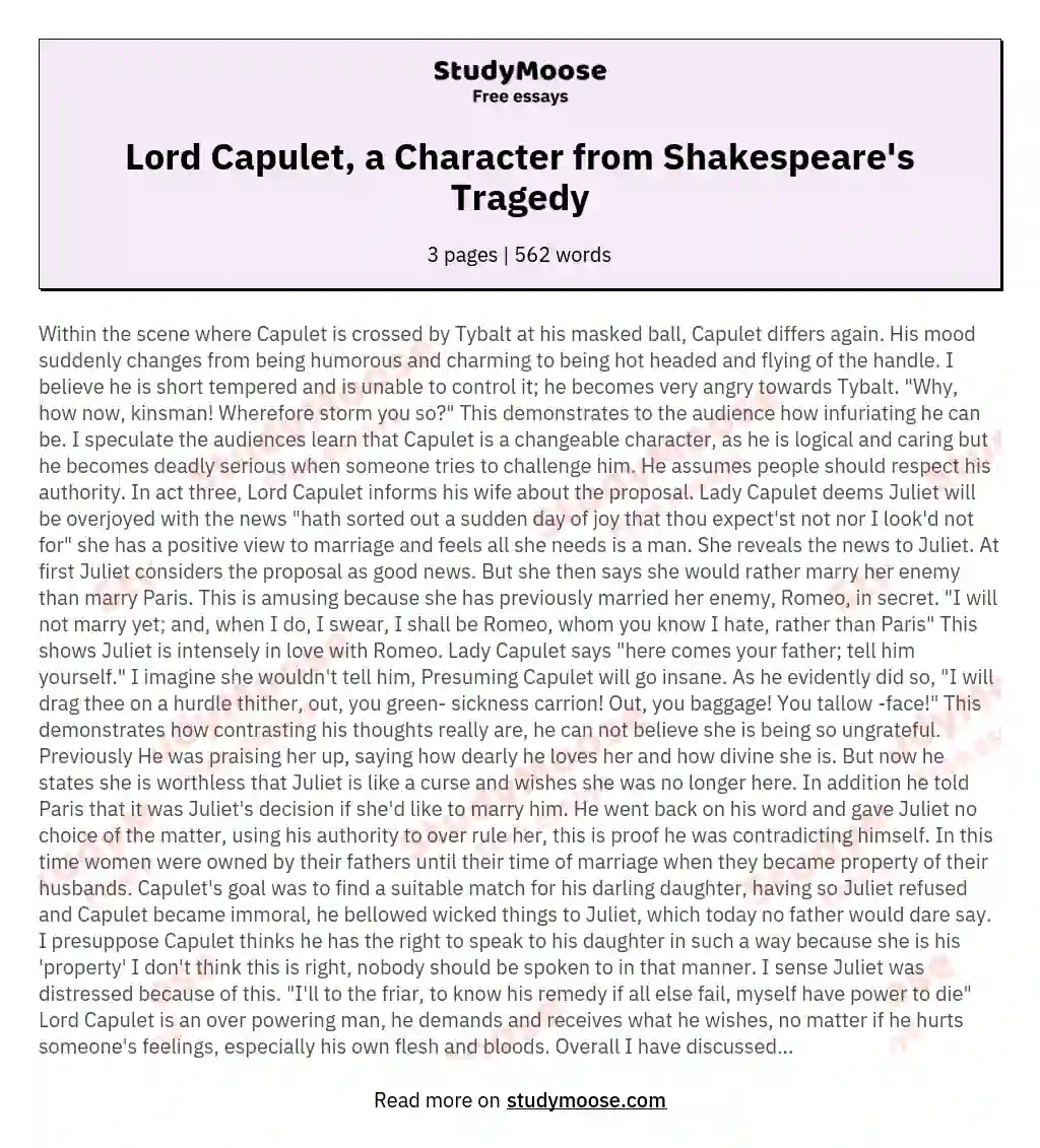 Lord Capulet, a Character from Shakespeare's Tragedy essay