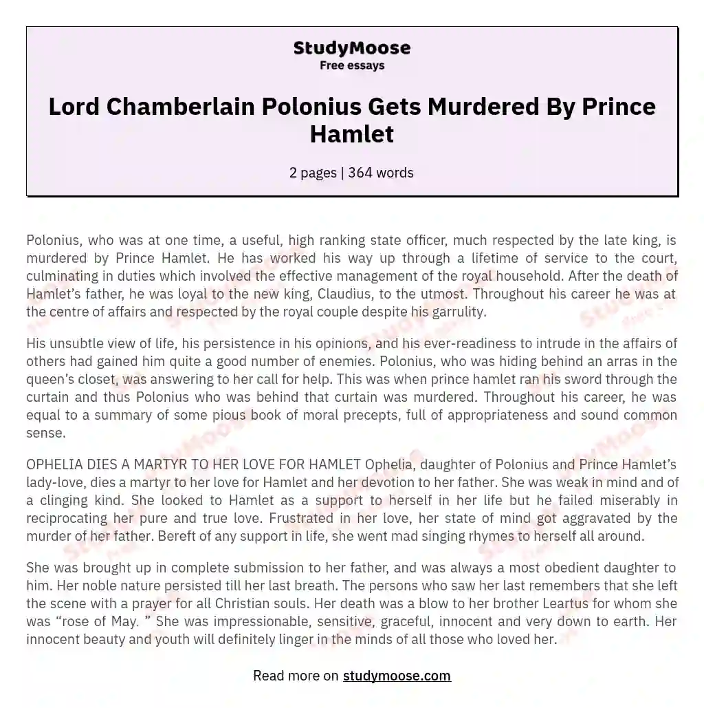 Lord Chamberlain Polonius Gets Murdered By Prince Hamlet essay