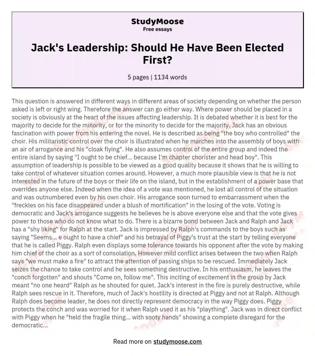 Lord of the Flies Coursework: "Jack should have been elected leader in the first place"