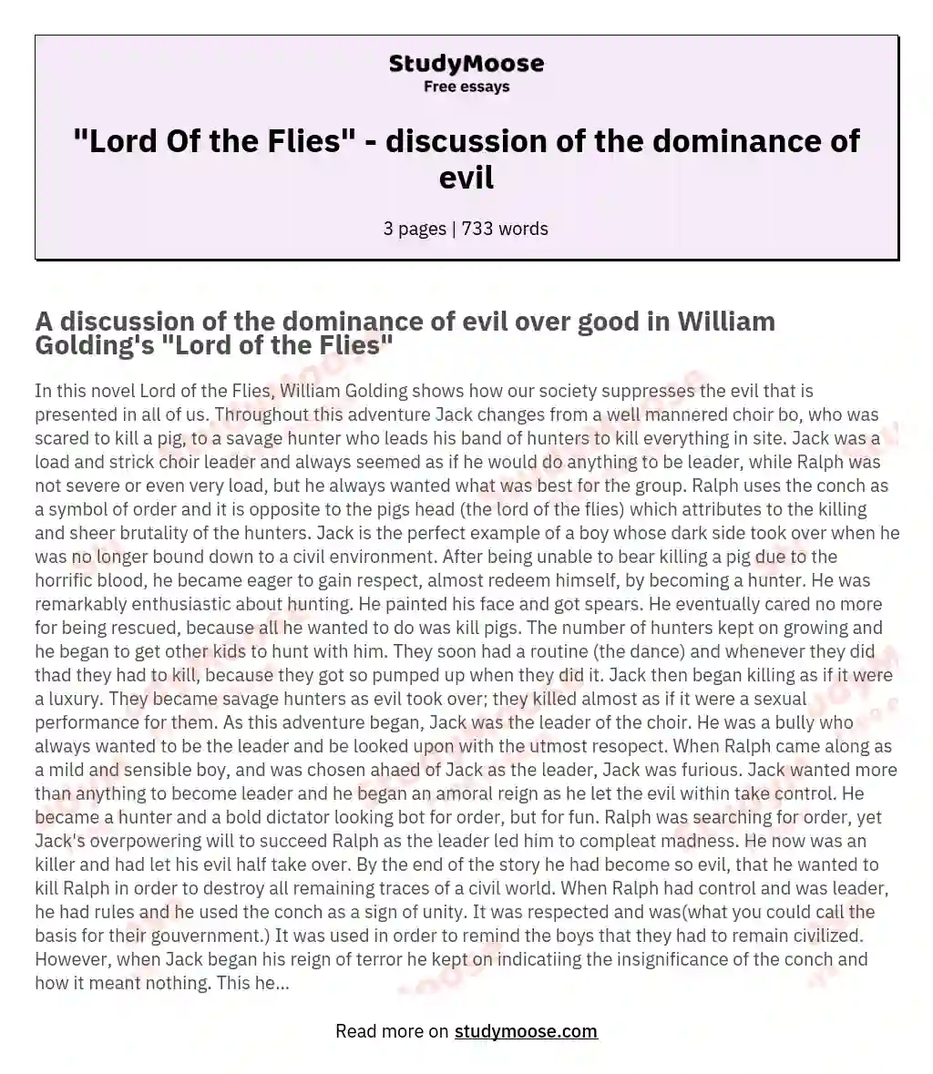 "Lord Of the Flies" - discussion of the dominance of evil essay
